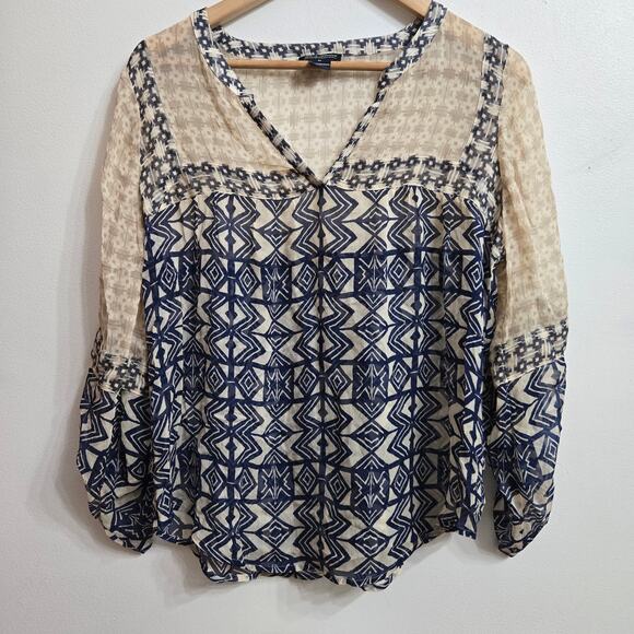 Lucky Brand Womens Boho Southwestern Tribal Print Hippie Sheer Mixed Media Top M - Picture 1 of 12